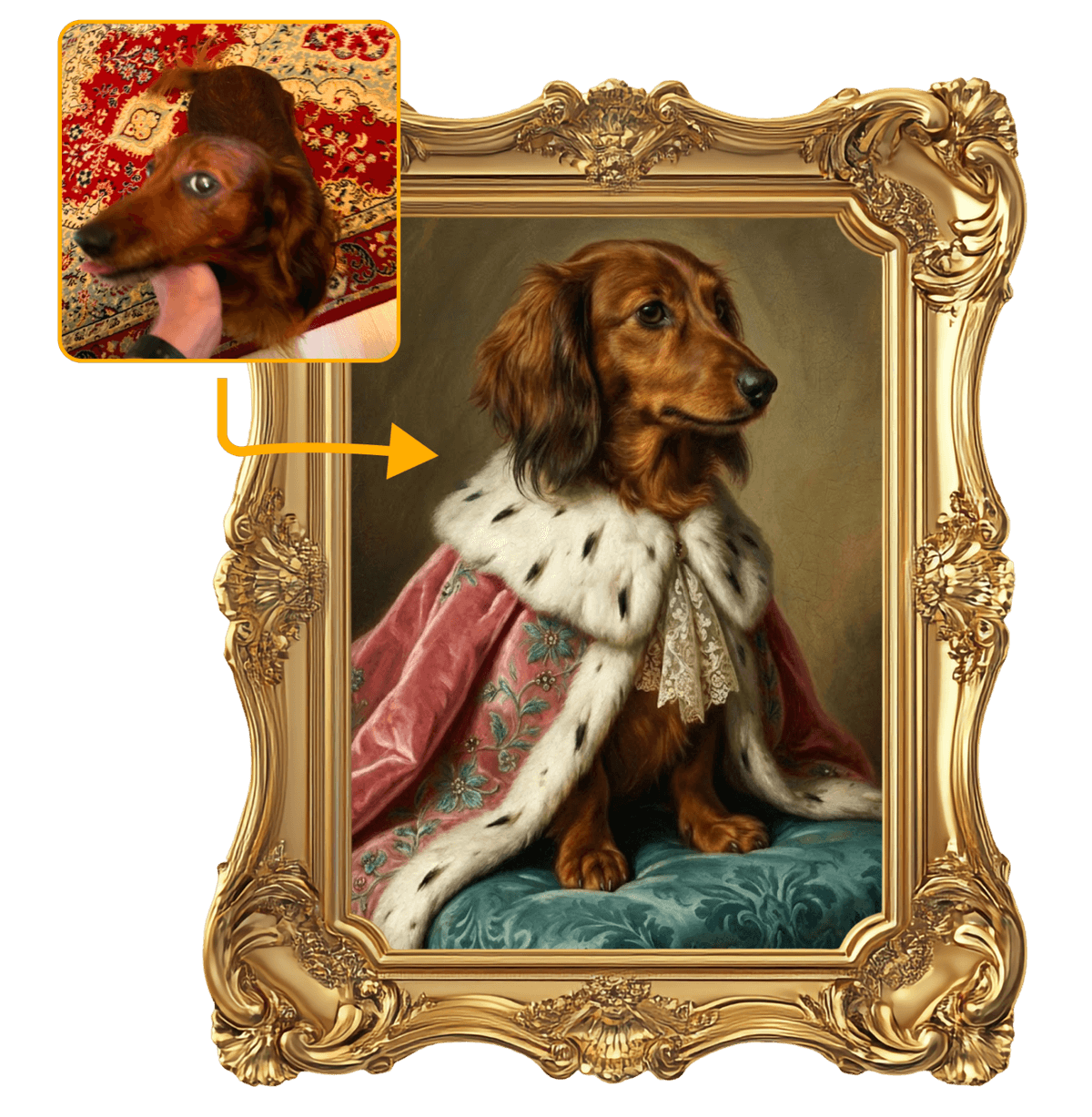 Oryginalne zdjęcie psa zamienione w królewski portret w złotej ramie